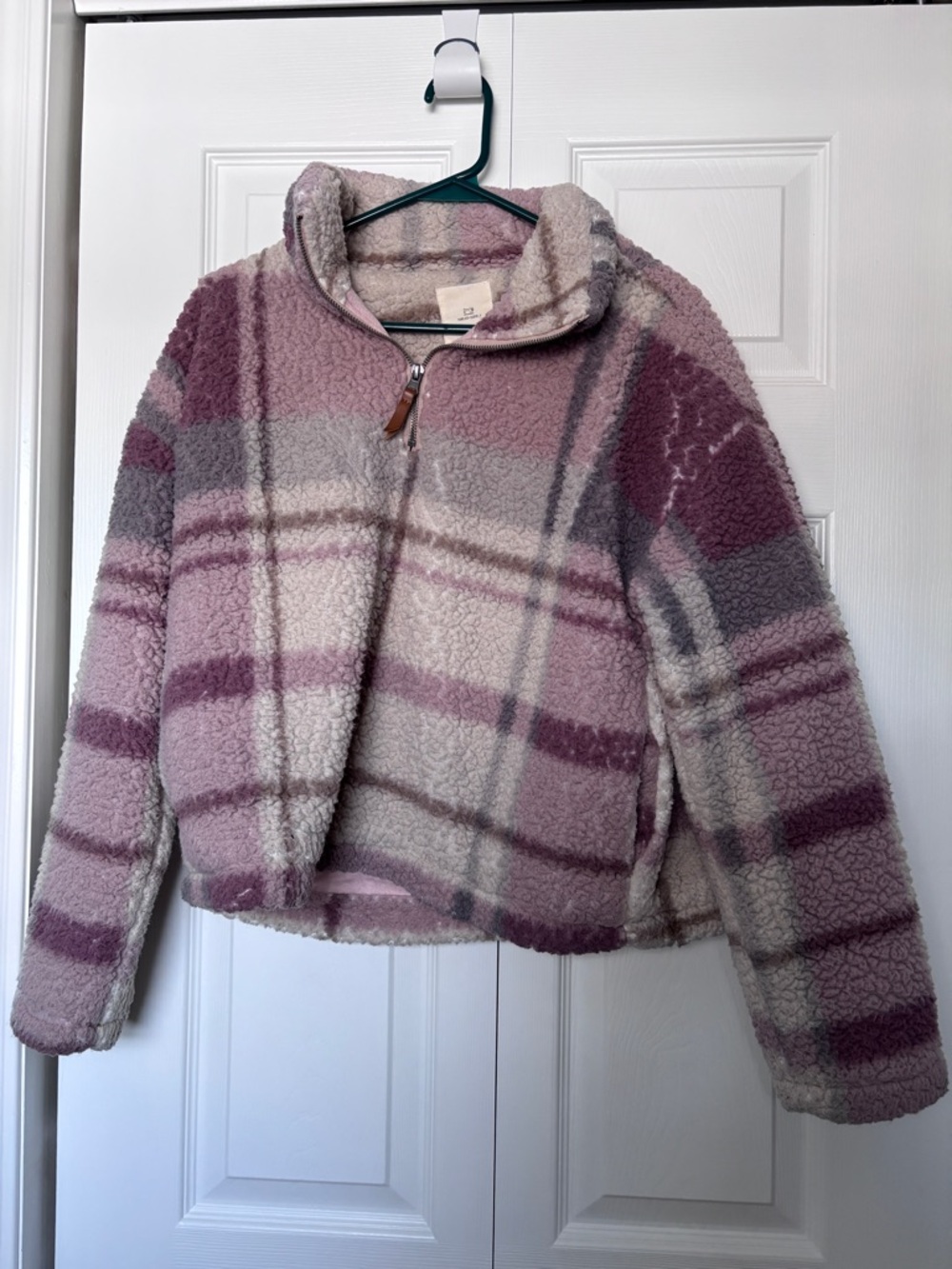 Cozy Plush Thread & Supply Plaid Half-Zip Jacket in Mauve and Gray